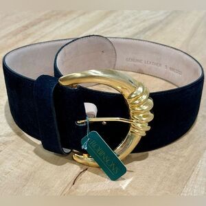 Black Suede “Door Knocker” style Belt with Gold Buckle NWT